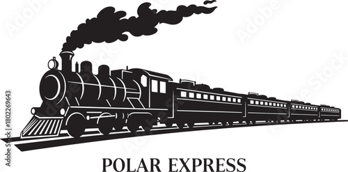 Detailed black and white vintage steam train illustration with smoke