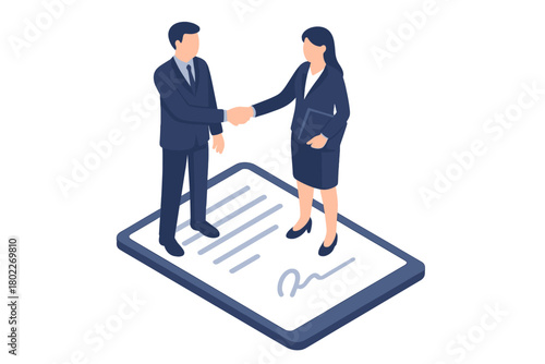 Isometric business professionals concluding a partnership agreement with a digital signature