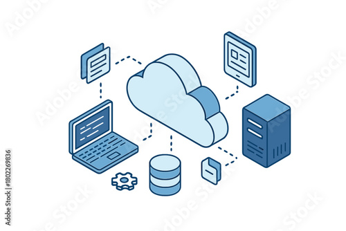 Isometric cloud computing network data storage and device connection concept