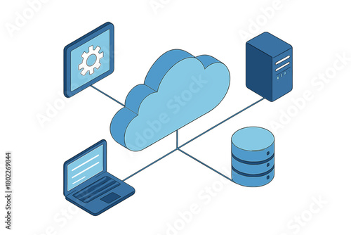 Isometric cloud computing network diagram with devices and database storage