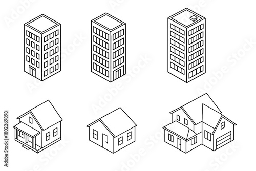 Isometric outline set of various residential and commercial structures