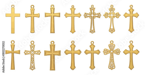 Golden Christian Crosses Collection Religious Pendant Ornaments on White Background