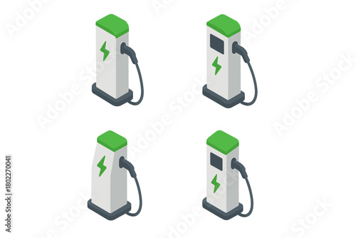 Isometric electric vehicle charging station icons for sustainable energy concepts