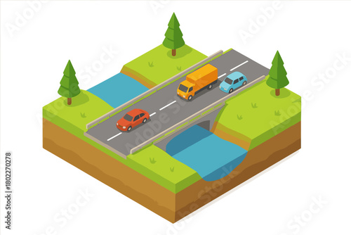 Isometric road bridge crossing river with vehicles and surrounding landscape