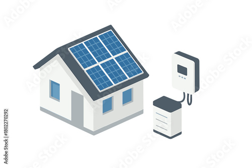 Isometric residential building with rooftop solar panels and energy storage
