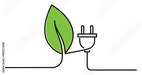 Green Leaf and Electric Plug Sustainable Energy, Clean Power Concept with Lines