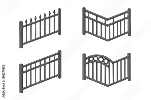 Isometric metal fence sections with various decorative tops and corner pieces