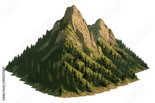 Rugged mountain peak covered with dense green forest terrain