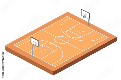 Isometric view of basketball court with hoops and boundary lines
