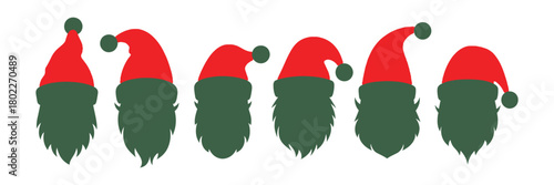 Group of Green Bearded Santa Silhouettes with Red Hats on a White Background