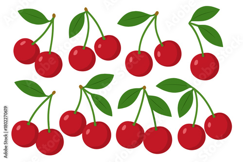 Ripe red cherries with green leaves and stems in a repeating pattern