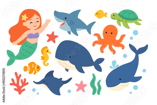 Cute sea creatures and mermaid collection with whale shark and octopus