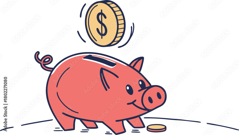 Obraz premium Cute pink cartoon piggy bank with coins representing money savings and finance