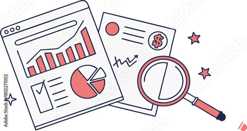 Magnifying glass on a financial report showing stock market data analysis with a red line graph and a pen on the notebook plan