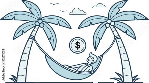 Tropical vector illustration of an island silhouette with palm trees, sun, and sea for a summer vacation design