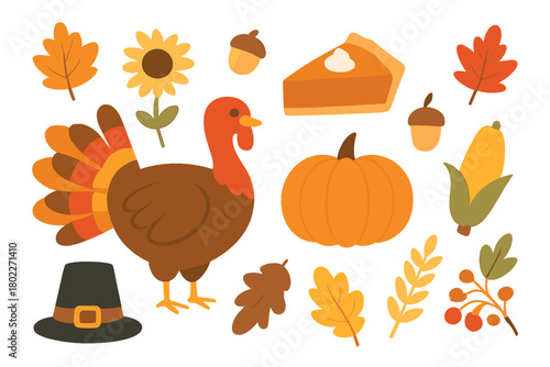 Cute Thanksgiving holiday icons and harvest elements assortment