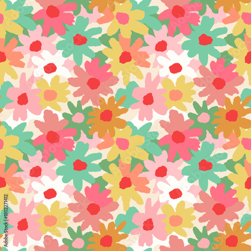 Cute vector floral seamless pattern. Abstract colorful background with cut-out stylized daisy flowers, bold shapes. Paper cut collage style pattern. Naive art. Simple summer repeated design for print