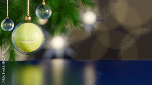 Tennis ball christmas ornaments hanging on a holiday tree branch. 3d rendering