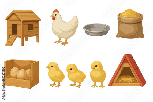 Farm poultry elements including chicken coop nesting box feed and chicks