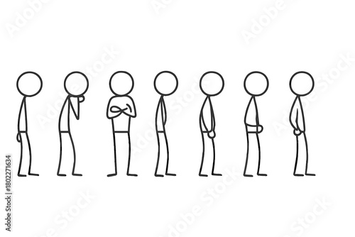 Stick figure people showing different waiting postures and attitudes in a line