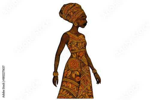 Profile silhouette of African woman in ornate patterned dress and headwrap