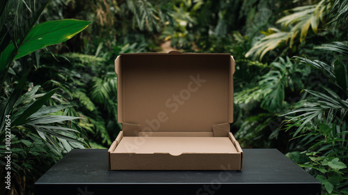 Open cardboard box on a black table with a lush green background