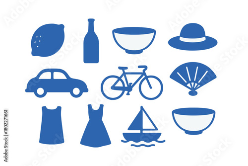Set of blue icons for summer vacation and travel themes