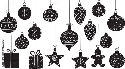Festive Christmas Ornaments and Gift Boxes in Black and White Design