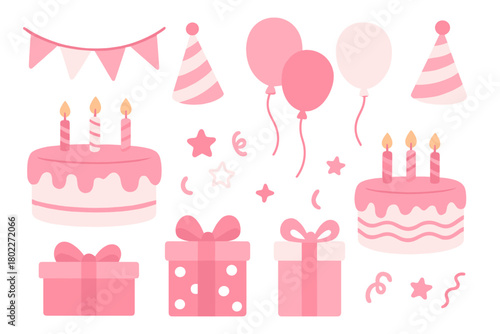 Collection of pink birthday celebration icons featuring cakes, gifts, and balloons