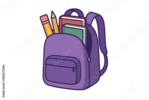 Vibrant purple school backpack loaded with textbooks and writing instruments