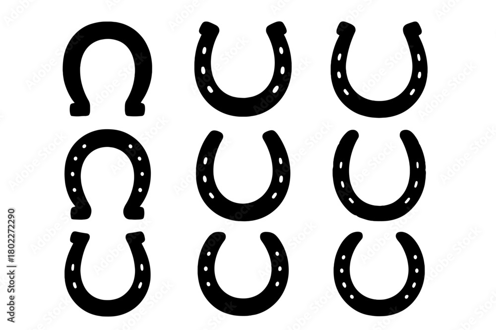 Fototapeta premium Collection of various black horseshoe silhouettes for luck and equestrian themes