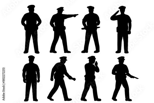 Eight black silhouette icons of police officers in various action poses