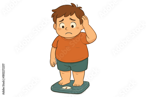 Worried overweight boy standing on bathroom scale feeling sad