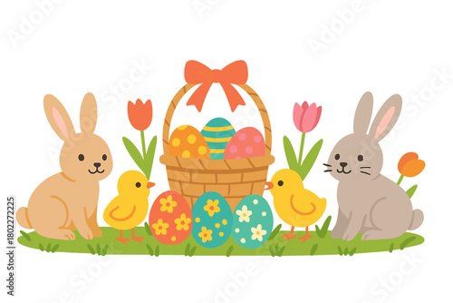 Cute Easter bunnies chicks and decorated eggs in basket with tulips