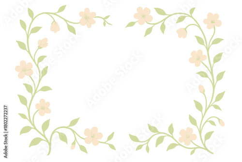 Delicate peach blossom vine corner frame with green leaves