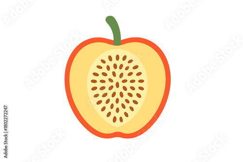 Cross section of ripe passion fruit showing seeds and stem detail