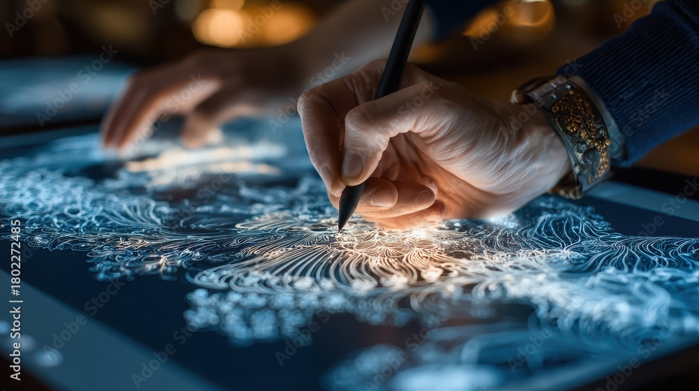 Obraz premium Close up of hand analyzing digital stock market data displayed on a touchscreen with a stylus for investment strategy