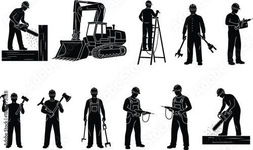 Set of construction worker silhouettes, collection of builders with tools, jackhammer, chainsaw, and excavator, isolated on white background.