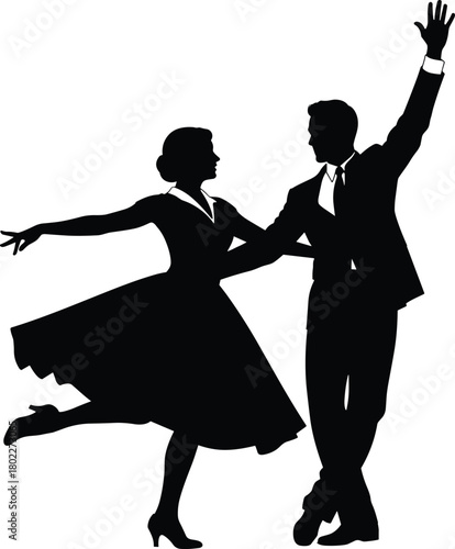 Silhouette of a couple dancing, elegant man and woman in retro 1950s style, classic ballroom or swing dance pose, isolated on white.