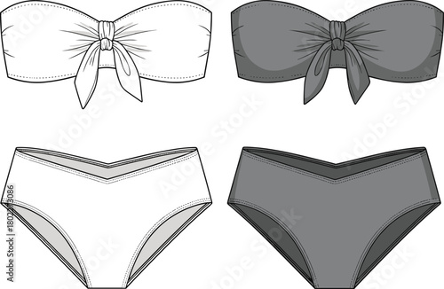 Bikini swimwear technical flat sketch, strapless bandeau top and briefs, front view. Fashion apparel design template vector mockup, isolated set.
