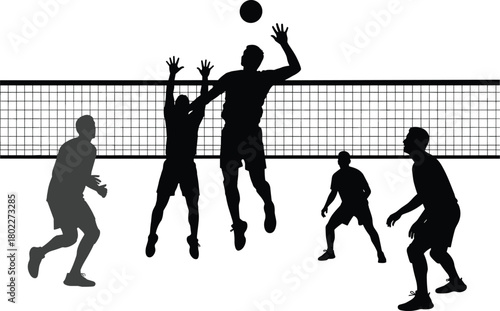 Volleyball players silhouette in action, men jumping to spike and block the ball at the net, team sport competition, isolated on white.