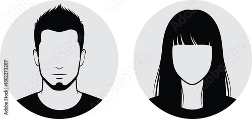Male and female avatar icons, faceless user profile picture placeholders. Man and woman head silhouettes for social media, anonymous default vector set.