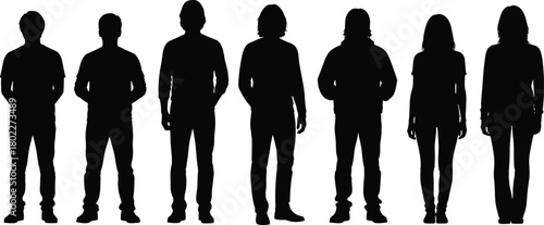 Set of people silhouettes, diverse group of men and women standing casual, front view full body figures isolated on white background.