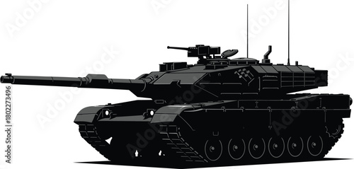 Black silhouette illustration of a modern main battle tank. Military army vehicle, armored weapon, isolated on white background.