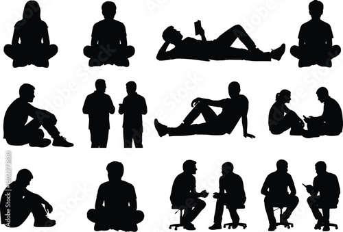 Set of people silhouettes in various sitting poses, including reading, talking, and relaxing. Isolated vector collection of men and women.