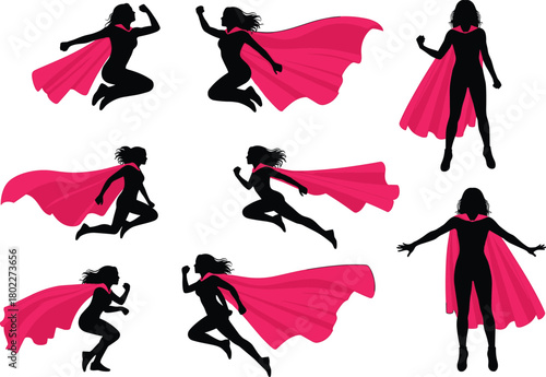Set of female superhero silhouettes with pink capes. Isolated vector collection of a heroine in powerful flying and standing poses.