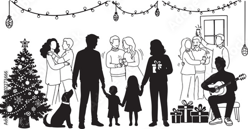 Festive holiday party celebration with families friends and Christmas tree line art
