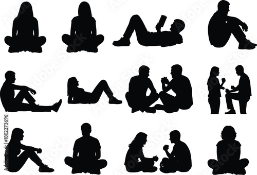 Vector set of people silhouettes in various sitting poses. Includes men and women sitting, reading, and talking. Isolated collection.