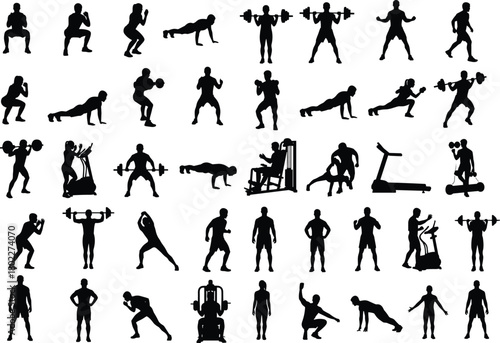 Fitness and gym workout silhouettes vector set. Includes people lifting weights, doing push-ups, squats, and using exercise equipment.
