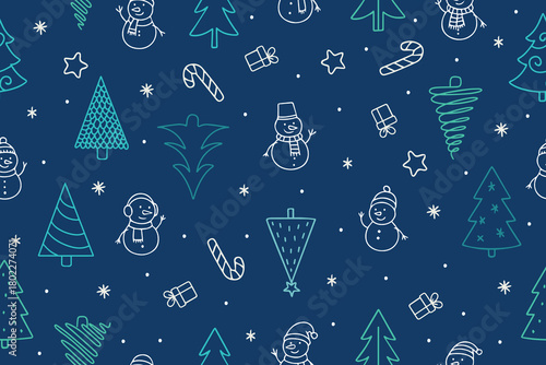 A festive seamless pattern with snowmen, Christmas trees, stars, candy canes, and gifts on a dark background. Perfect for Christmas designs and decorations.